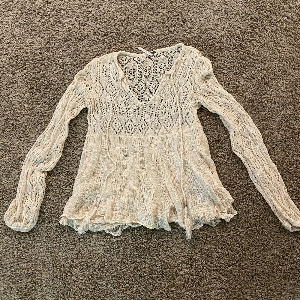 Free People Cream Long Sleeve Crochet Top